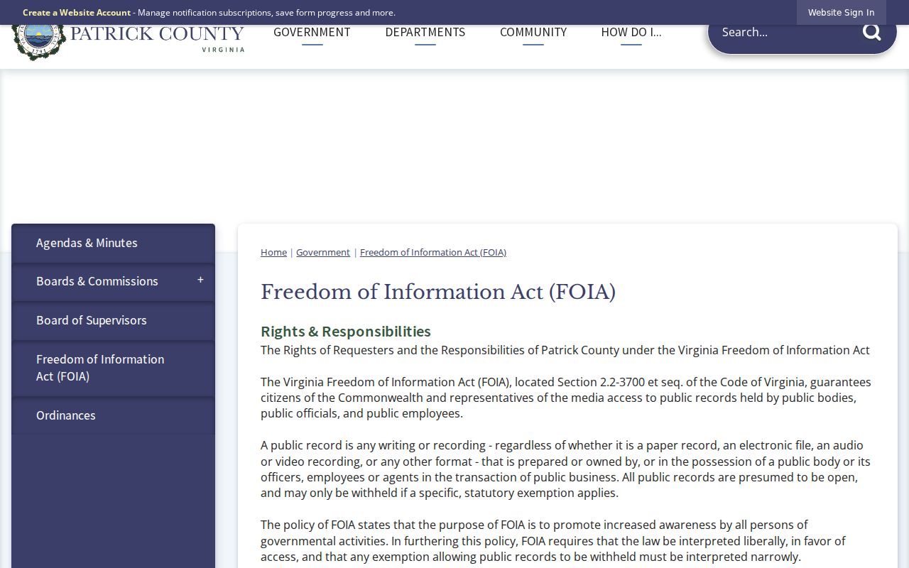 Patrick County outstanding warrant records request through county FOIA