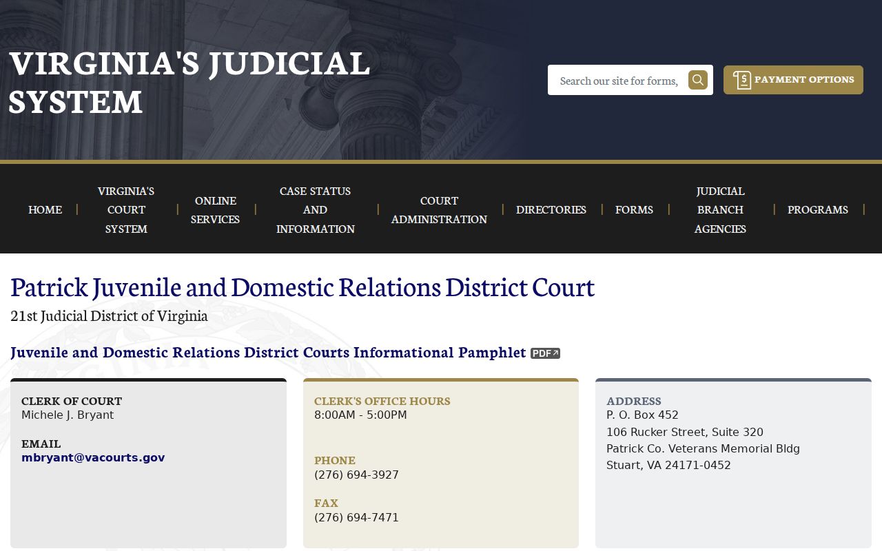 Patrick County municipal warrant access guidance showing the separate J&DR Court route