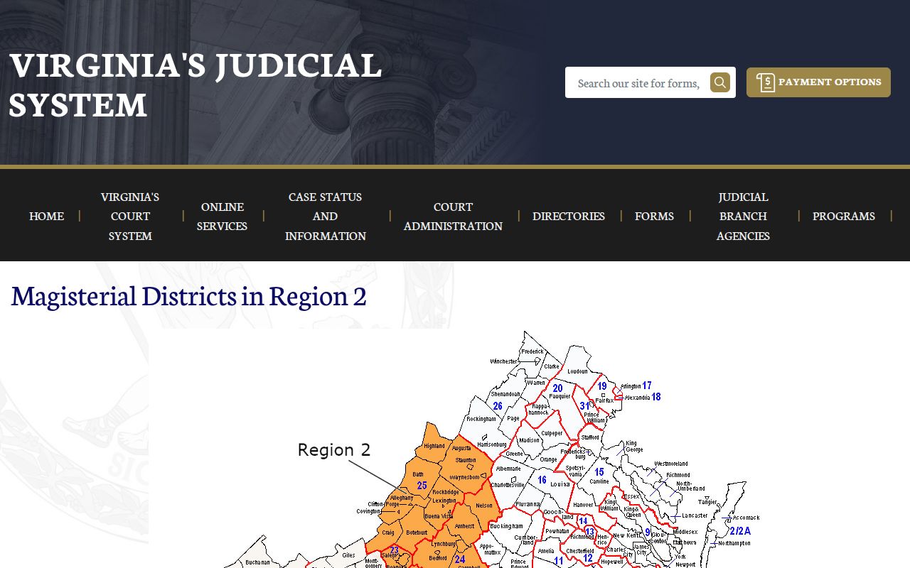 Patrick County bench warrant service area on the Virginia Region 2 magistrate map