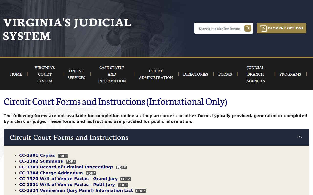 Patrick County arrest warrant record fields in the Virginia Circuit Court form index